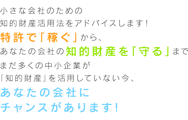 小さな会社のための知的財産活用法をアドバイスします!特許で「稼ぐ」から、あなたの会社の知的財産を「守る」までまだ多くの中小企業が「知的財産」を活用していない今、あなたの会社にチャンスがあります!